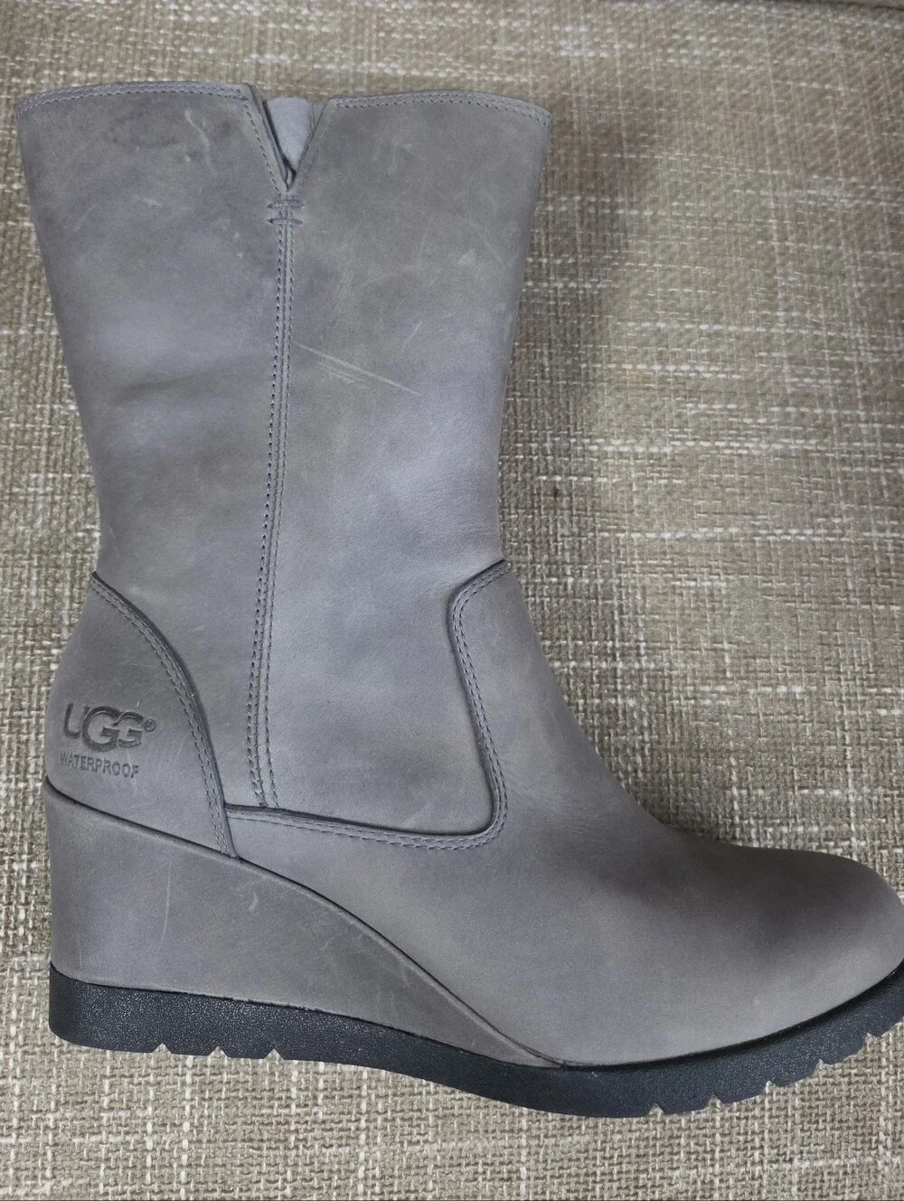 UGG Joely Waterproof Leather Wedge Boots Grey Mid Calf Womens Size 6.5 NWT New
